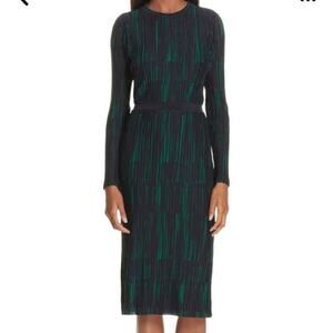 BOSS Blouson Pleated Midi Dress Size 8 Black Green Cocktail Career Event Luxury